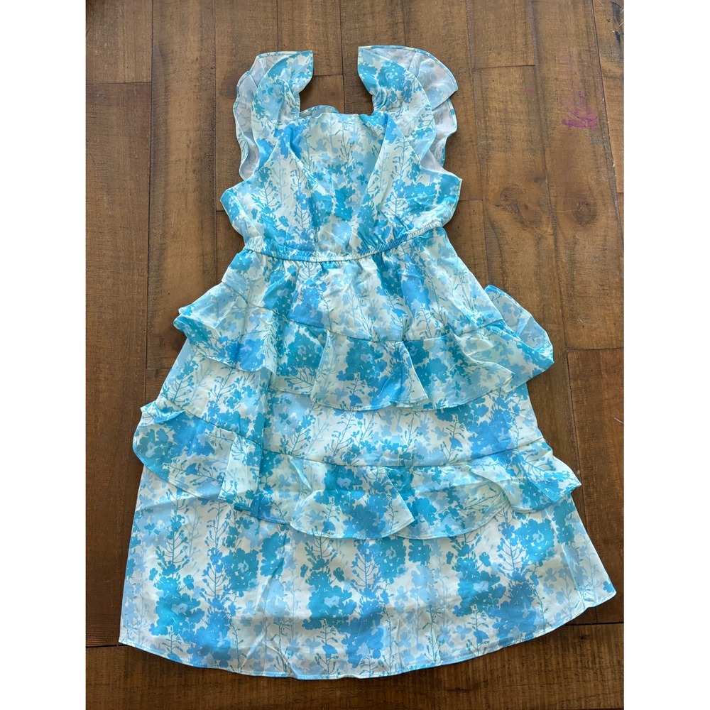 Grace Karin Girls Blue White Floral Tiered Ruffle Dress Size 7Y Summer Party - Picture 1 of 4